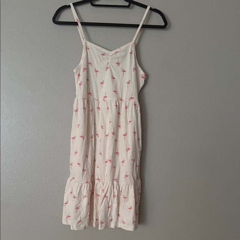 Ivory Spaghetti Strap Sundress with Pink Flamingo Print